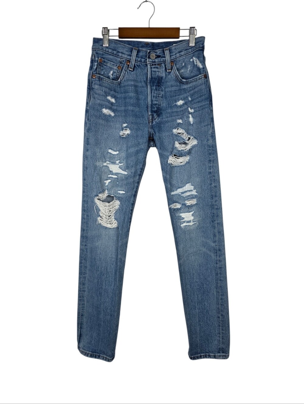Levi's 501 Womens Jeans Size W24 L32 Denim High Waist Distressed Straight Leg